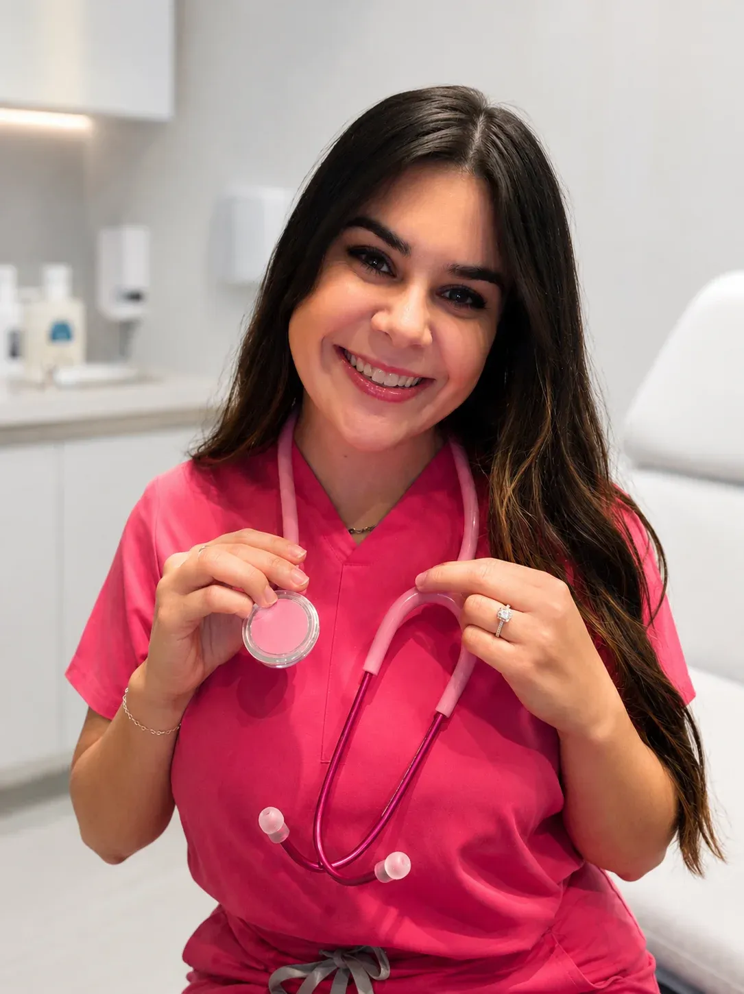A nursing student in scrubs holding a stethoscope